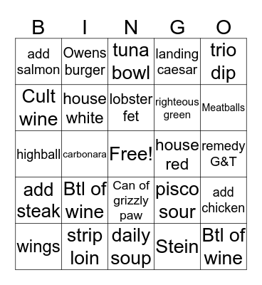 BTL OF WINE BINGO Card