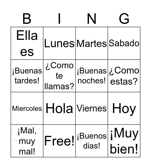 SPANISH BINGO Card