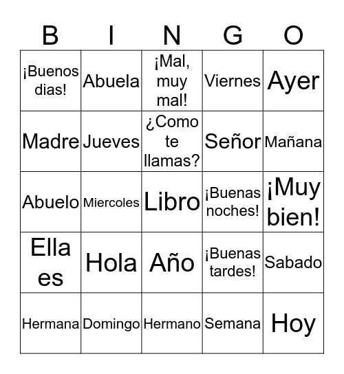 SPANISH BINGO Card