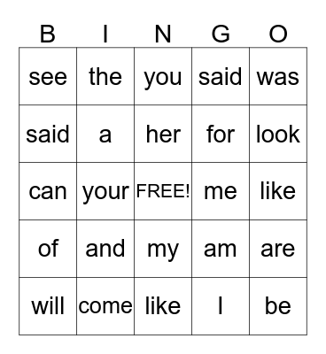 Sight Words Bingo Card