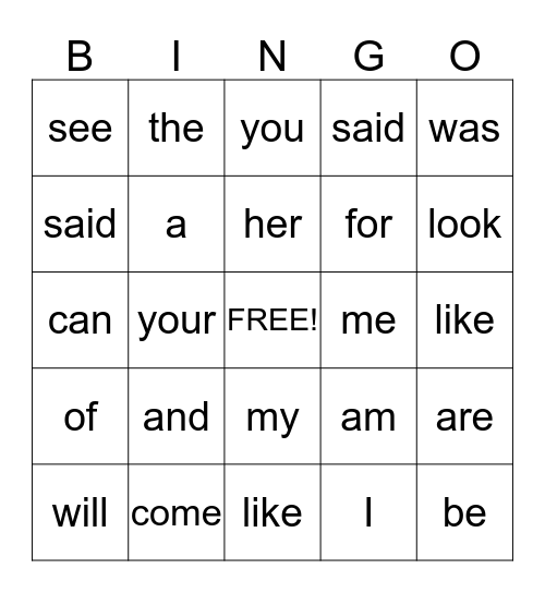 Sight Words Bingo Card