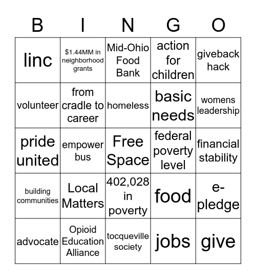 United Way Bingo Card