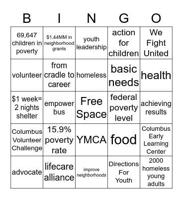 United Way Bingo Card