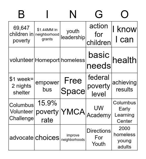 United Way Bingo Card