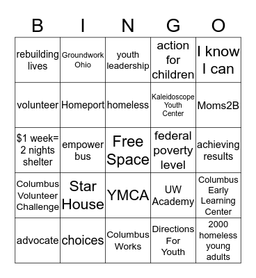 United Way Bingo Card