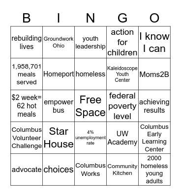 United Way Bingo Card
