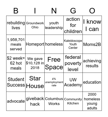 United Way Bingo Card