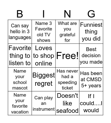 Getting To Know Me  Bingo#2 Bingo Card