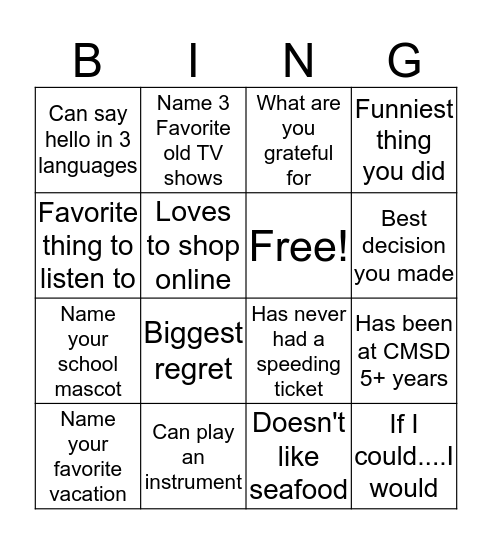 Getting To Know Me  Bingo#2 Bingo Card