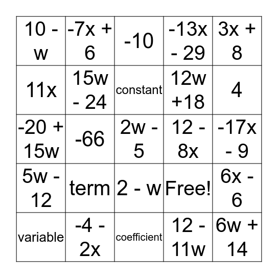 Simplifying Expressions BINGO Card