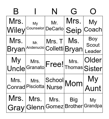 Trusted Adults Bingo Card