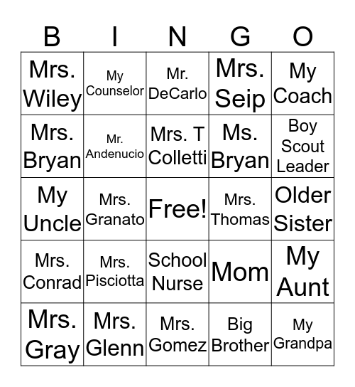 Trusted Adults Bingo Card