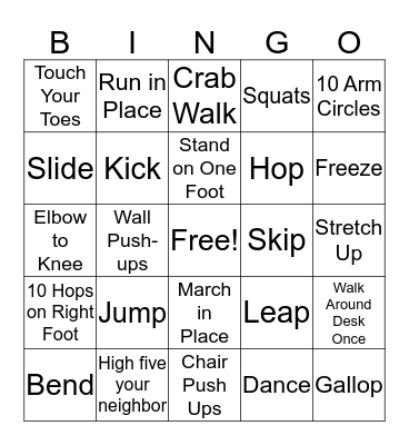 Physical Activity Bingo  Bingo Card