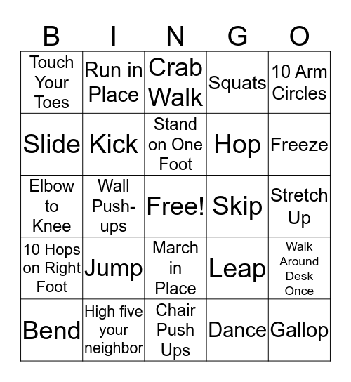 Physical Activity Bingo  Bingo Card