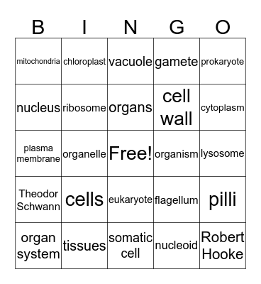 Cells and Organelles Bingo Card