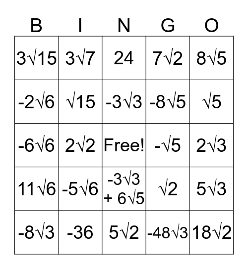 Radicals Bingo Card