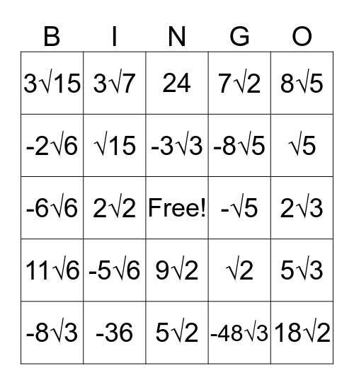 Radicals Bingo Card