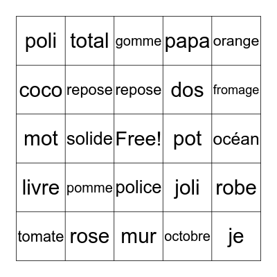 Le son "Oooo - Océan" Bingo Card