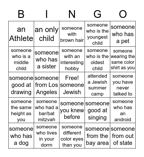 Chabad Freshman Bingo Bingo Card