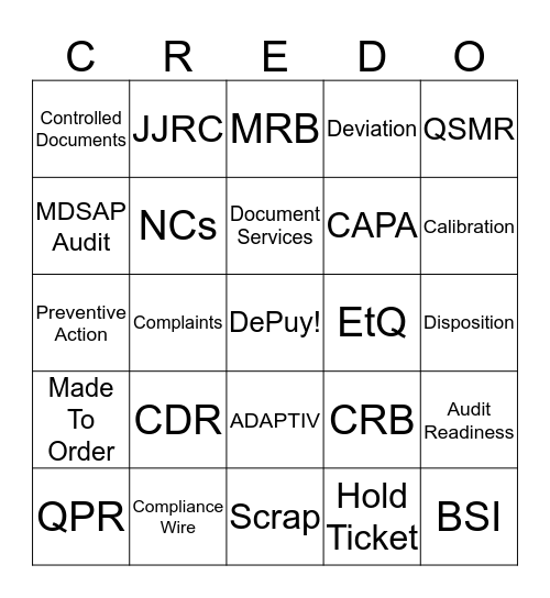 DePuy Quality 2019 Wk 5 Bingo Card