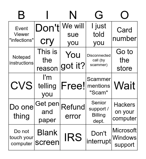 Tech Scammer Bingo Card