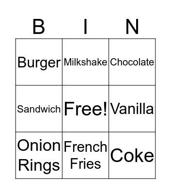 Fast Food/Restaurant Words 1-10 Bingo Card