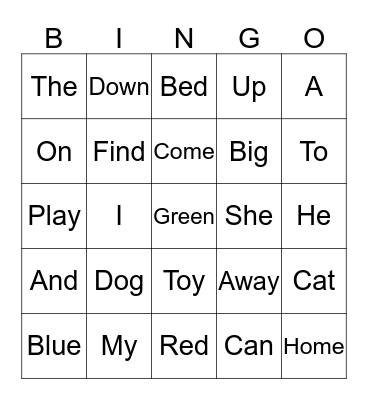 Sight word Bingo  Bingo Card
