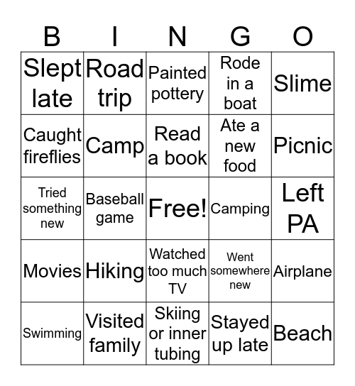 Summer Vacation Bingo Card