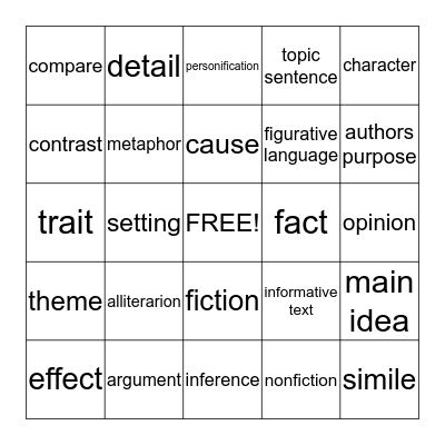 ELA Vocabulary Bingo Card