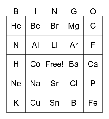 Periodic Table Bingo Card