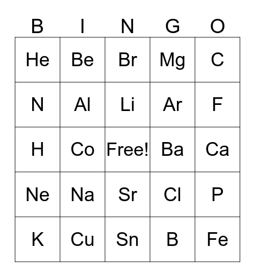 Periodic Table Bingo Card