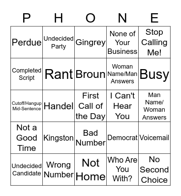 Phone Bank Bingo Card