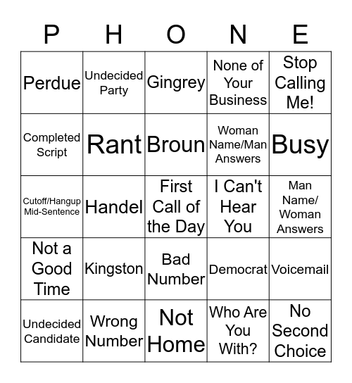 Phone Bank Bingo Card