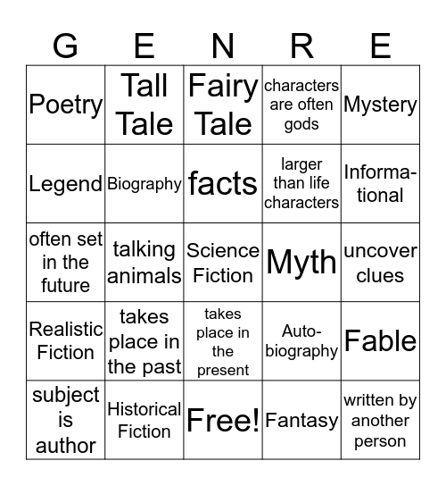 GENRE Bingo Card