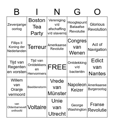 Bingo tijdvak 6 en 7 Bingo Card