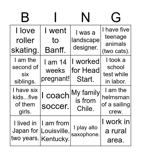 Unique Facts Bingo Card