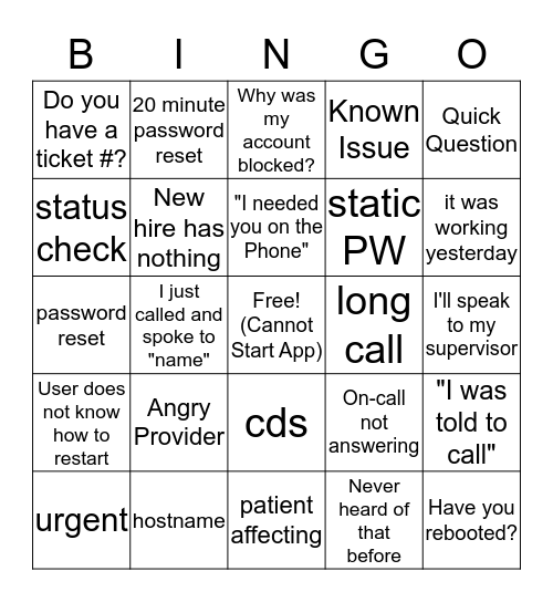 Service Desk Bingo Card