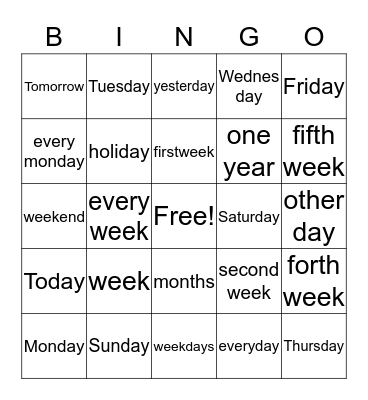 days of the week Bingo Card