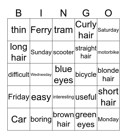 transport/adjectives/weekdays Bingo Card
