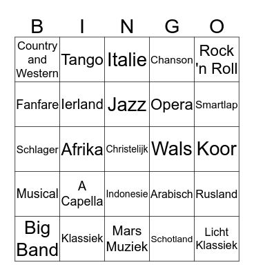 Muziek Bingo Card
