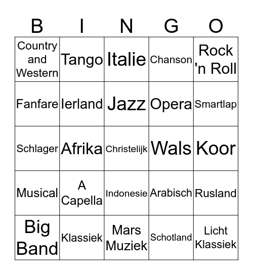 Muziek Bingo Card