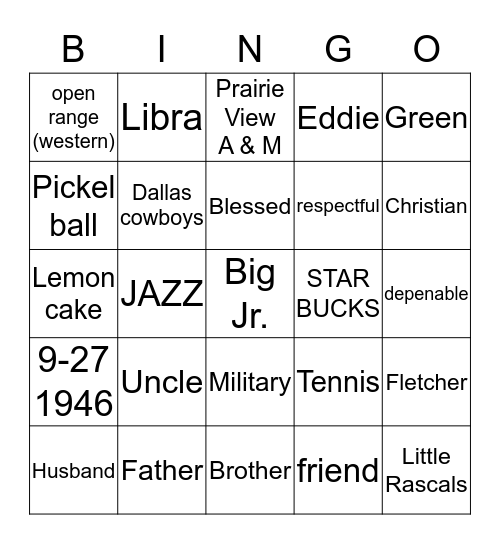 Eddie Fletcher  Bingo Card