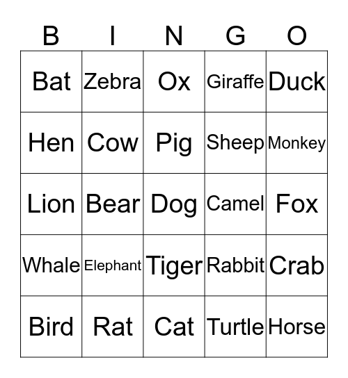 ANIMALS Bingo Card