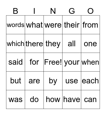 Quarter 1 Sight Words Bingo Card