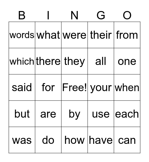 Quarter 1 Sight Words Bingo Card