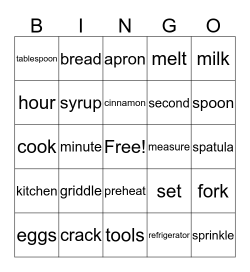 French Toast Bingo Card