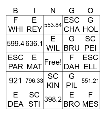 Call Number Bingo Card