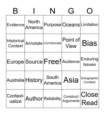 Historical Thinking Vocabulary Bingo Card