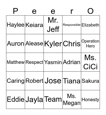 Peer- O Bingo Card