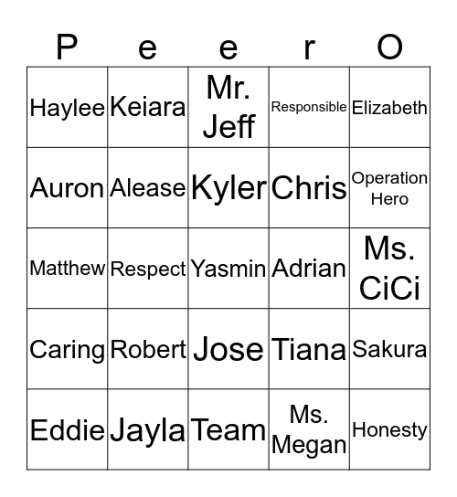 Peer- O Bingo Card